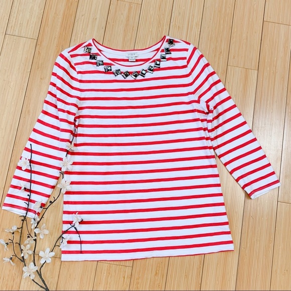Crew Red Striped Tee with Jeweled Neckline, M. - Picture 1 of 5